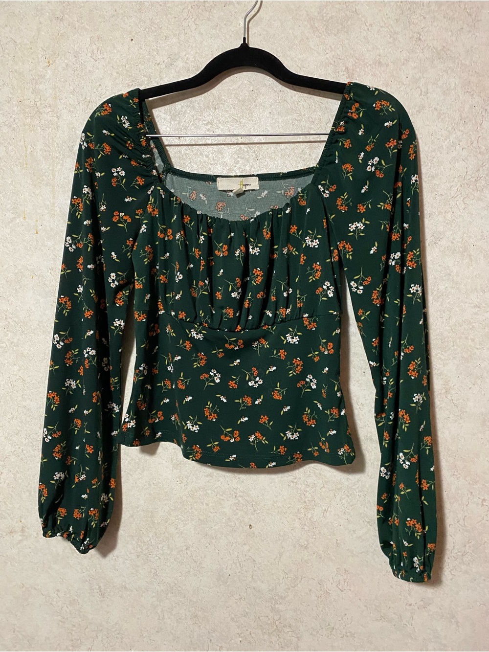 Women's Dark Green Floral Long-Sleeve Peasant Top